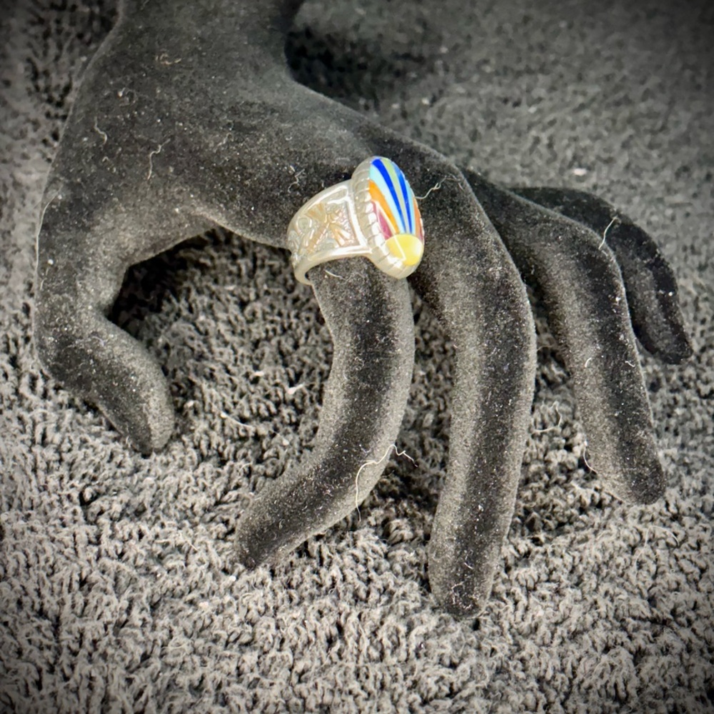 Roland D. Begay Navajo 925 Silver & 14K Multi-Stone Rainbow Inlay Ring–item#0007